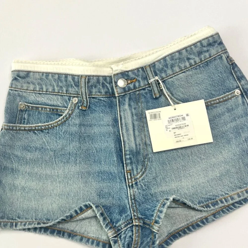 Alexander Wang Pointelle Waistband High Waist Denim Mini Shorts Size 28